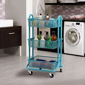DESIGNA Metal Utility Cart, 3 Tier Mesh Rolling Storage Cart with Handle and Lockable Wheels,Easy Assembly Craft Carts for Kitchen,Bathroom,Office,Turquoise