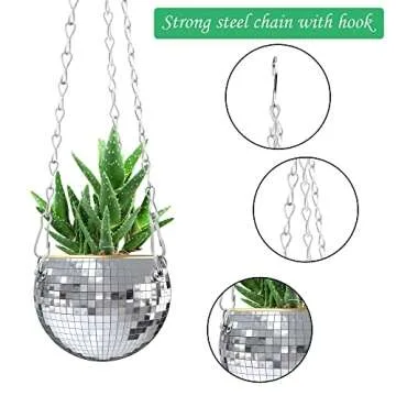 moonoom 2 Pcs Hanging Disco Ball Planter - 4Inch Sliver Disco Mirror Ball Planter with Chain - Home Boho Hanging Planter for Indoor Outdoor Plants