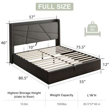 Feonase Full Size Lift Up Storage Bed Frame with Charging Station, Upholstered Wingback Platform Bed Frame with Hydraulic Storage, Wooden Slat Support, No Box Spring Needed, Noise-Free, Gray