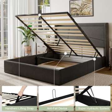 Feonase Full Size Lift Up Storage Bed Frame with Charging Station, Upholstered Wingback Platform Bed Frame with Hydraulic Storage, Wooden Slat Support, No Box Spring Needed, Noise-Free, Gray