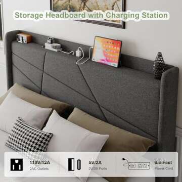 Feonase Full Size Lift Up Storage Bed Frame with Charging Station, Upholstered Wingback Platform Bed Frame with Hydraulic Storage, Wooden Slat Support, No Box Spring Needed, Noise-Free, Gray