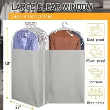 MISSLO 10" Gusseted Garment Bags for Hanging Clothes 40" Clear Suit Bags for Closet Storage Suits Cover Coat Protector, 3 Packs, Grey