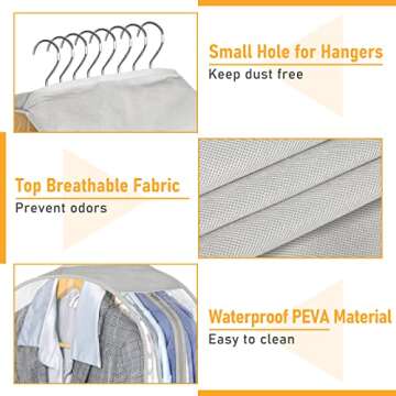 MISSLO 10" Gusseted Garment Bags for Hanging Clothes 40" Clear Suit Bags for Closet Storage Suits Cover Coat Protector, 3 Packs, Grey