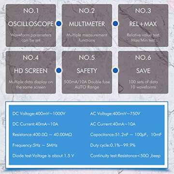 2 in 1 Handheld Oscilloscope Multimeter Professional Oscilloscope Multimeter with 2.5 Msps High Sampling Automatic Waveform Capture Function DC AC Voltagem Current Test