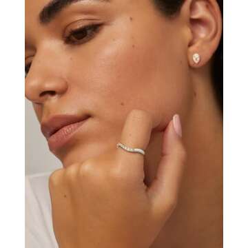 PAVOI 14K Yellow Gold Plated Wavy Stackable Ring | Colored Enamel and Cubic Zirconia Rings | White E...