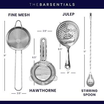 TheBarsentials Cocktail Strainer Set Stainless Steel Bar Tools with Stirring Spoon - Hawthorne Strainer, Julep Strainer, Fine-Mesh Strainer/Sifter for Drinks