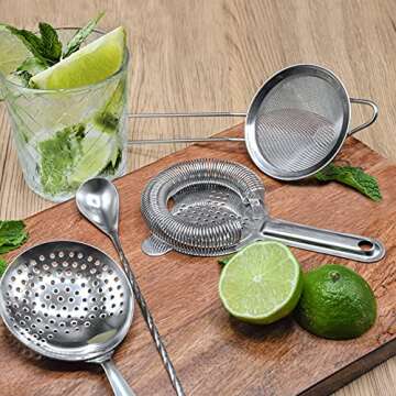 TheBarsentials Cocktail Strainer Set Stainless Steel Bar Tools with Stirring Spoon - Hawthorne Strainer, Julep Strainer, Fine-Mesh Strainer/Sifter for Drinks