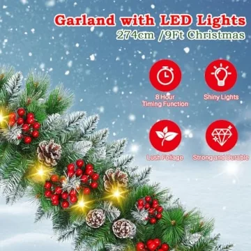 Christmas Garland with Lights - 9FT Pre-Lit Flocked Garland with 30 LED Bulbs, Red Berries, Pine Cones, Artificial Pine Battery Operated Garland for Fireplace, Staircase, Indoor & Outdoor Decoration