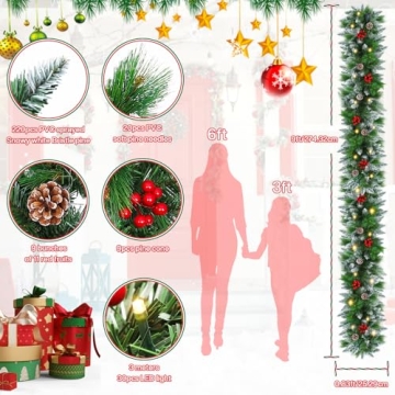 Christmas Garland with Lights - 9FT Pre-Lit Flocked Garland with 30 LED Bulbs, Red Berries, Pine Cones, Artificial Pine Battery Operated Garland for Fireplace, Staircase, Indoor & Outdoor Decoration
