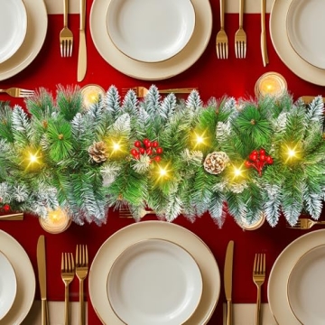 Christmas Garland with Lights - 9FT Pre-Lit Flocked Garland with 30 LED Bulbs, Red Berries, Pine Cones, Artificial Pine Battery Operated Garland for Fireplace, Staircase, Indoor & Outdoor Decoration