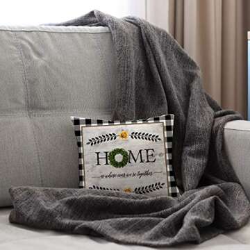 Kithomer Rustic Farmhouse Quote Pillow Covers Black Buffalo Plaids Farmhouse Decorative Throw Pillow Case Cushion Cover 18" x 18" Summer Decor Set of 4 Farm Sweet Farm