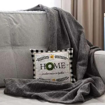 Kithomer Rustic Farmhouse Quote Pillow Covers Black Buffalo Plaids Farmhouse Decorative Throw Pillow Case Cushion Cover 18" x 18" Summer Decor Set of 4 Farm Sweet Farm