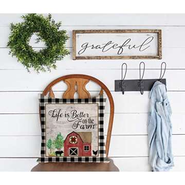 Kithomer Rustic Farmhouse Quote Pillow Covers Black Buffalo Plaids Farmhouse Decorative Throw Pillow Case Cushion Cover 18" x 18" Summer Decor Set of 4 Farm Sweet Farm