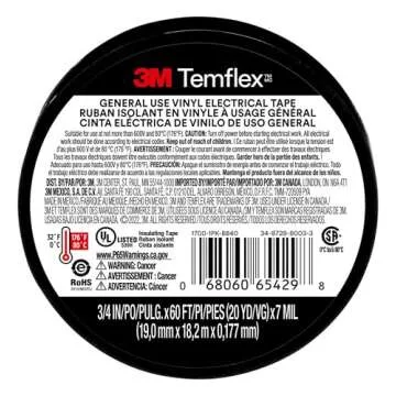 3M Temflex Vinyl Electrical Tape, 1700, 3/4 in x 60 ft, Black 1.5core (3-Roll)