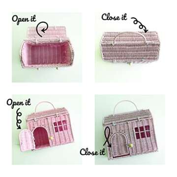 Rool Rattan House Shaped Basket Wicker Small Dollhouse Gift for Girls, Boho Toys, Mouse in a Box House, Little Girl Purse Clutch, Doll Carrier (Pink)