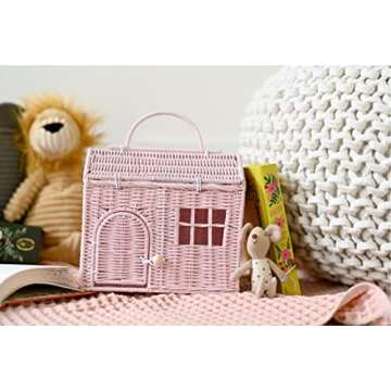 Rool Rattan House Shaped Basket Wicker Small Dollhouse Gift for Girls, Boho Toys, Mouse in a Box House, Little Girl Purse Clutch, Doll Carrier (Pink)