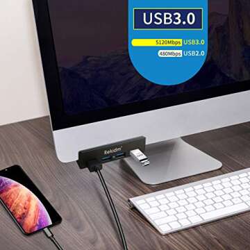 USB Hub 3.0 - Rekidm 4 Port Aluminum USB 3.0 Hub Clamp Design for Desktop, Computer, PC, Table Edge ...