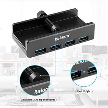 USB Hub 3.0 - Rekidm 4 Port Aluminum USB 3.0 Hub Clamp Design for Desktop, Computer, PC, Table Edge with Durable Adjustable Clip, Compact Space-Saving Mountable Desk USB Hub Fast Speed Transfer