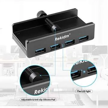 USB Hub 3.0 - Rekidm 4 Port Aluminum USB 3.0 Hub Clamp Design for Desktop, Computer, PC, Table Edge with Durable Adjustable Clip, Compact Space-Saving Mountable Desk USB Hub Fast Speed Transfer