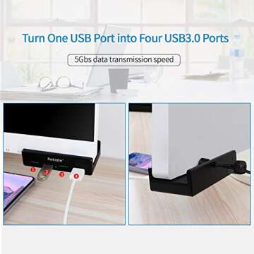 USB Hub 3.0 - Rekidm 4 Port Aluminum USB 3.0 Hub Clamp Design for Desktop, Computer, PC, Table Edge with Durable Adjustable Clip, Compact Space-Saving Mountable Desk USB Hub Fast Speed Transfer