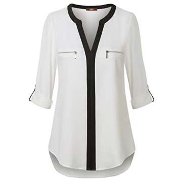 Gaharu Professional Blouses for Women Elegant Pink Tunic Blouses 3/4 Sleeve V Neck Shirts Office Wear White,Small