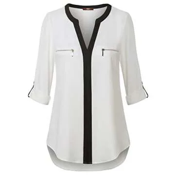 Gaharu Professional Blouses for Women Elegant Pink Tunic Blouses 3/4 Sleeve V Neck Shirts Office Wear White,Small