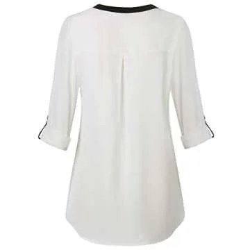 Gaharu Professional Blouses for Women Elegant Pink Tunic Blouses 3/4 Sleeve V Neck Shirts Office Wear White,Small
