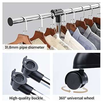 LiaMeE Adjustable Clothing Rack for Hanging Clothes, Heavy Duty Garment Rack with Wheels，Free Standing Rolling Clothes Rack with Shelf & Grid, Easy Assembly Standard Rod, Black & Chrome