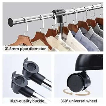 LiaMeE Adjustable Clothing Rack for Hanging Clothes, Heavy Duty Garment Rack with Wheels，Free Standing Rolling Clothes Rack with Shelf & Grid, Easy Assembly Standard Rod, Black & Chrome