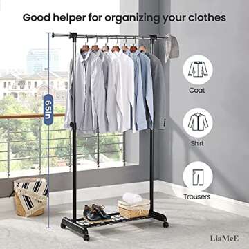 LiaMeE Adjustable Clothing Rack for Hanging Clothes, Heavy Duty Garment Rack with Wheels，Free Standing Rolling Clothes Rack with Shelf & Grid, Easy Assembly Standard Rod, Black & Chrome