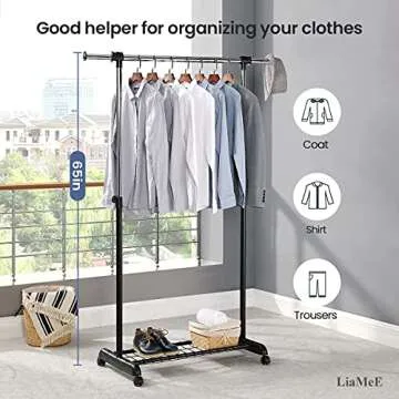 LiaMeE Adjustable Clothing Rack for Hanging Clothes, Heavy Duty Garment Rack with Wheels，Free Standing Rolling Clothes Rack with Shelf & Grid, Easy Assembly Standard Rod, Black & Chrome