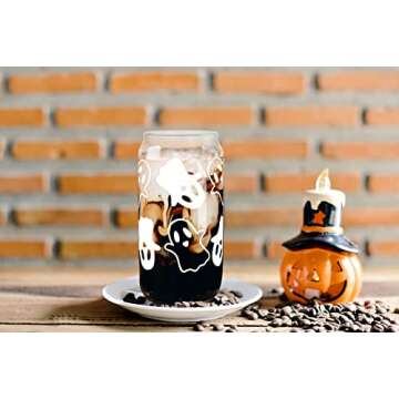 Anotion Halloween Mugs - 18oz Ghost Decor Glass Cups Tumbler Iced Coffee Cups Glassware Cookie Jar Decor Gift Drinking Water Bottles