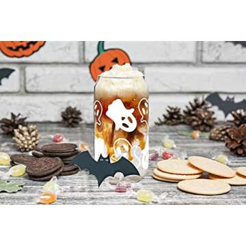 Anotion Halloween Mugs - 18oz Ghost Decor Glass Cups Tumbler Iced Coffee Cups Glassware Cookie Jar Decor Gift Drinking Water Bottles