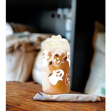Anotion Halloween Mugs - 18oz Ghost Decor Glass Cups Tumbler Iced Coffee Cups Glassware Cookie Jar Decor Gift Drinking Water Bottles
