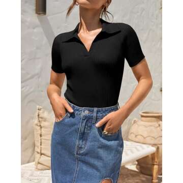 ZESICA Women's Short Sleeve V Neck T Shirts 2025 Summer Ribbed Knit Slim Fitted Basic Solid Color Tee Tops,Black,Medium