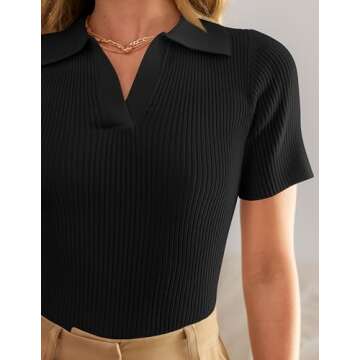 ZESICA Women's Short Sleeve V Neck T Shirts 2025 Summer Ribbed Knit Slim Fitted Basic Solid Color Tee Tops,Black,Medium