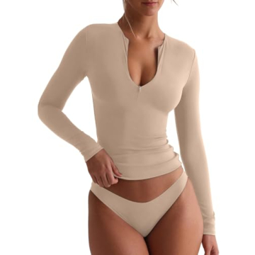 REORIA Stylish Double Lined Long Sleeve Crop Top with Adjustable Quarter Zip in Khaki for Women