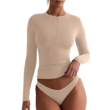 REORIA Stylish Long Sleeve Crop Top with Quarter Zip