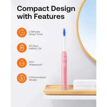 Bitvae D2 Electric Toothbrush - Rechargeable, 8 Brush Heads, Pink