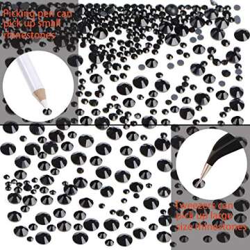 LPBeads 6400 Pieces Hotfix Rhinestones Black Flat Back 5 Mixed Sizes Crystal Round Glass Gems with Tweezers and Picking Rhinestones Pen