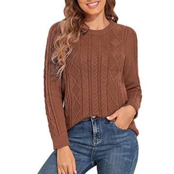 PrettyGuide Women's Sweater Crewneck Cable Knit Long Sleeve Pullover Tops S Amber Brown