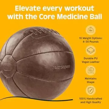 Retrospec Core Weighted Medicine Ball 4, 6, 8, 10, 12, 14, 16, 20, 25, 30 lbs, Soft Touch Vegan Leather with Sturdy Grip for Strength Training, Recovery, Balance Exercises and Other Full-Body Workouts