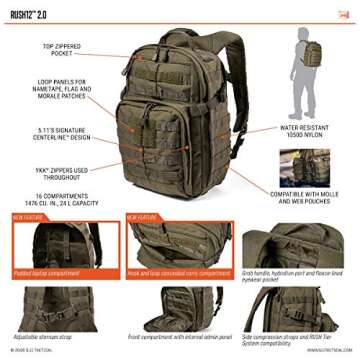5.11 Tactical Backpack – Rush 12 2.0 – Military Molle Pack, CCW with Multiple Compartments, 24 Liter, Small, Style 56561, Kangaroo