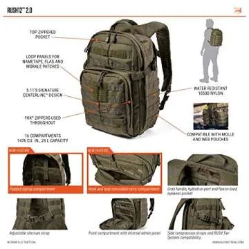 5.11 Tactical Backpack – Rush 12 2.0 – Military Molle Pack, CCW with Multiple Compartments, 24 Liter, Small, Style 56561, Kangaroo