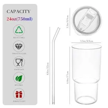 Dingerjar Glass Tumbler with Lid and Straw, High Borosilicate Glass Coffee Cup Smoothie Cups 24 oz/750ml for Hot or Cold Drinks 2 Pack