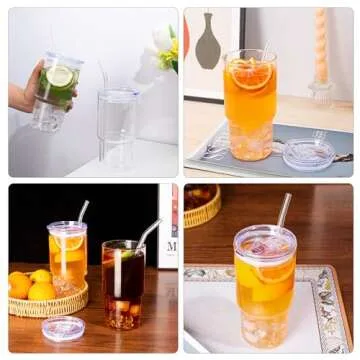 Dingerjar Glass Tumbler with Lid and Straw, High Borosilicate Glass Coffee Cup Smoothie Cups 24 oz/750ml for Hot or Cold Drinks 2 Pack