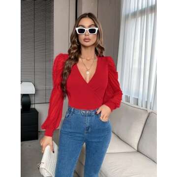 Fayenne Sexy Tops for Women Stylish Deep V Neck Mesh Sleeve