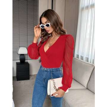 Fayenne Sexy Tops for Women Stylish Deep V Neck Mesh Sleeve