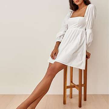 EXLURA Womens Square Neck Dress Long Puff Sleeve A-Line Casual Short Mini Dress White