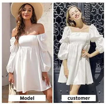 EXLURA Womens Square Neck Dress Long Puff Sleeve A-Line Casual Short Mini Dress White